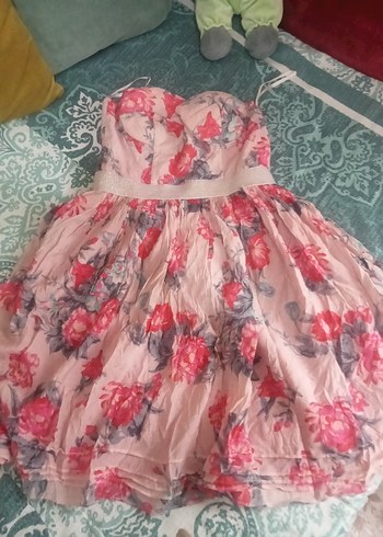 Pembe Çiçekli Straplez Elbise - Görsel 2