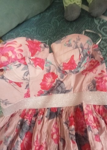 Pembe Çiçekli Straplez Elbise - Görsel 5