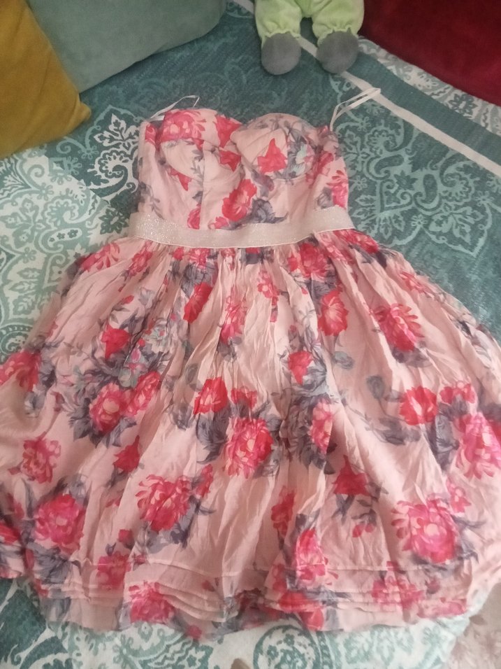 Pembe Çiçekli Straplez Elbise - Görsel 2