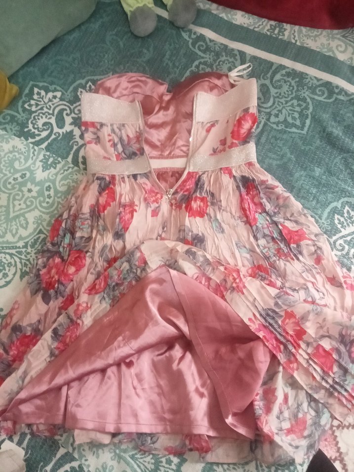 Pembe Çiçekli Straplez Elbise - Görsel 3