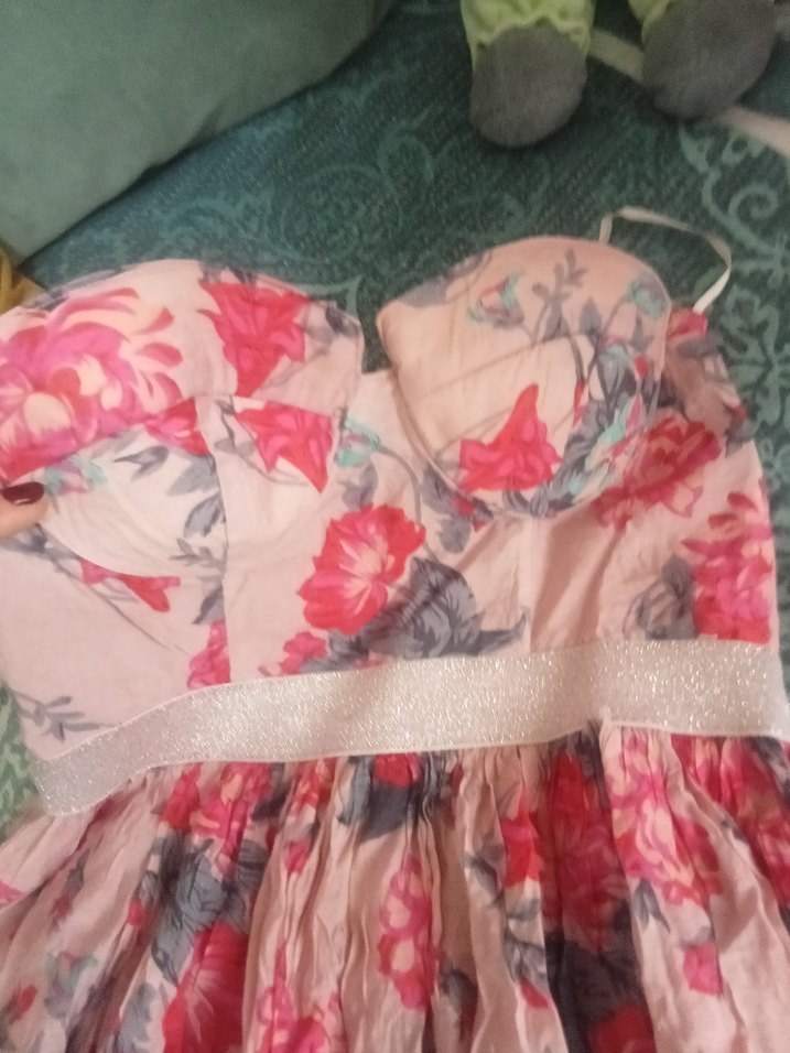 Pembe Çiçekli Straplez Elbise - Görsel 5