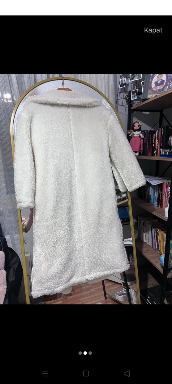 Beyaz Uzun Peluş Kadın Kaban - Görsel 2