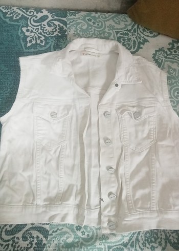 Kadın Beyaz Kolsuz Kot Ceket - Görsel 3