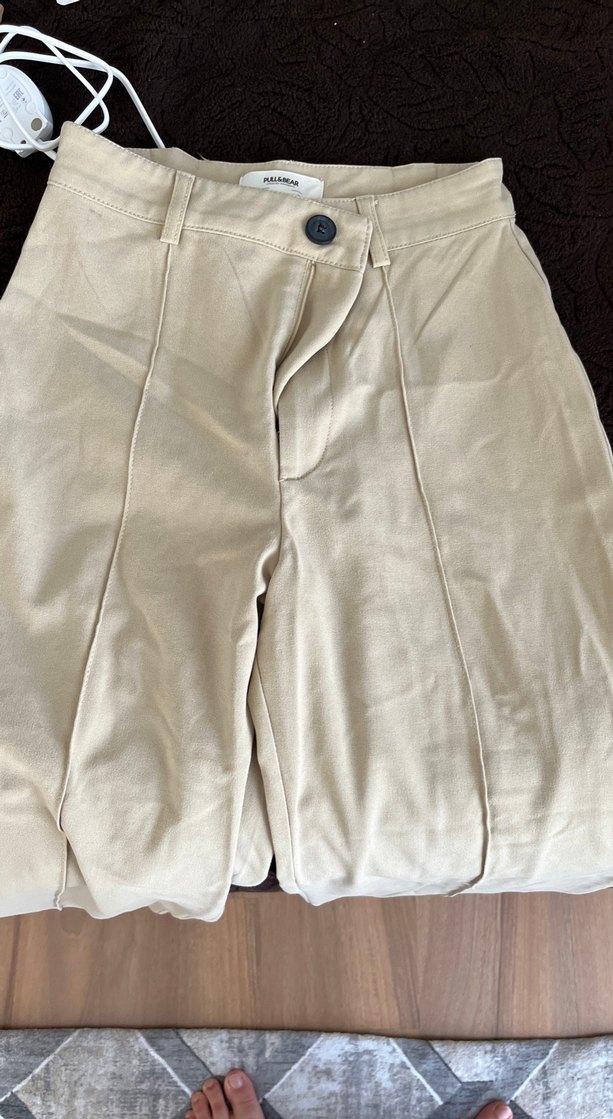 Bej Kadın Süet Düğmeli Bol Pantolon - Görsel 2