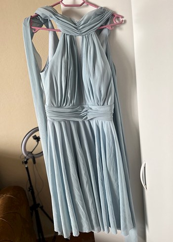 Drapeli Uzun Mavi Halter Yaka Abiye Elbise - Görsel 2