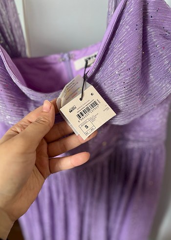 Parlak Mor Pilili Uzun Abiye Elbise - Görsel 4