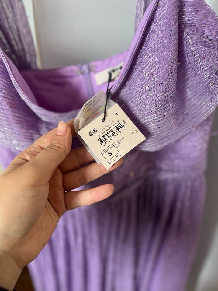 Parlak Mor Pilili Uzun Abiye Elbise - Görsel 4