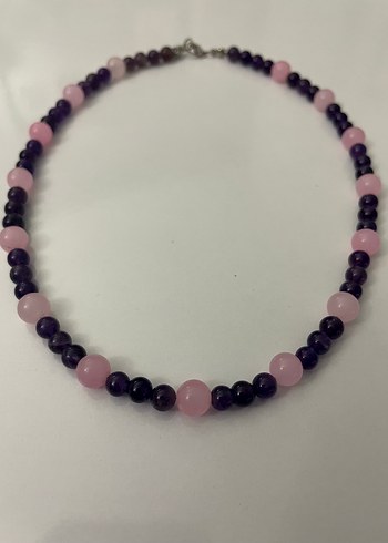 Ametist ve Pembe kuvars doğaltaş Boncuklu Midi Kadın Kolye