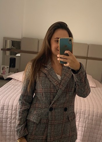 Düğmeli Ekose Desenli Gri Kadın Blazer Ceket - Görsel 2