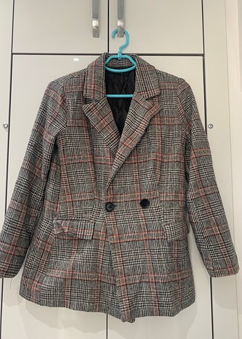 Düğmeli Ekose Desenli Gri Kadın Blazer Ceket - Görsel 3