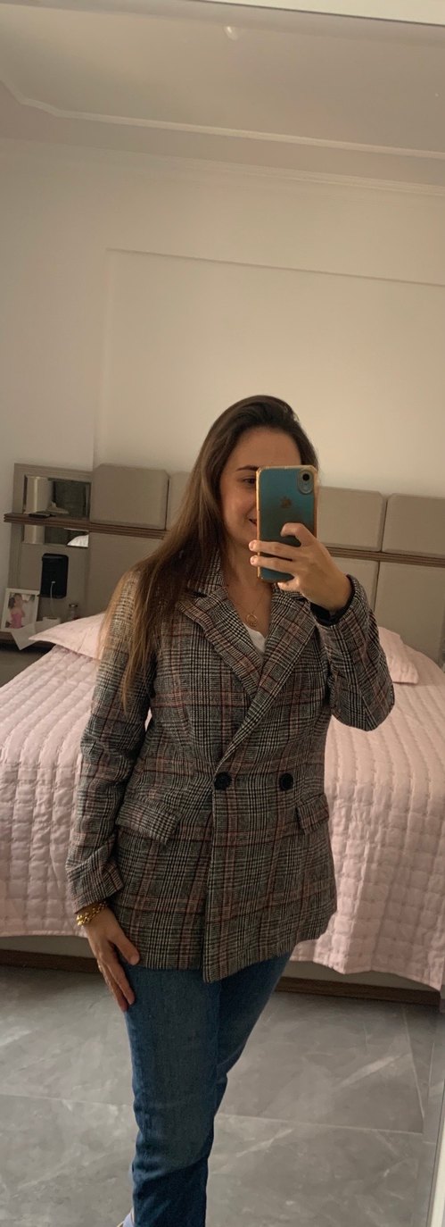 Düğmeli Ekose Desenli Gri Kadın Blazer Ceket - Görsel 2