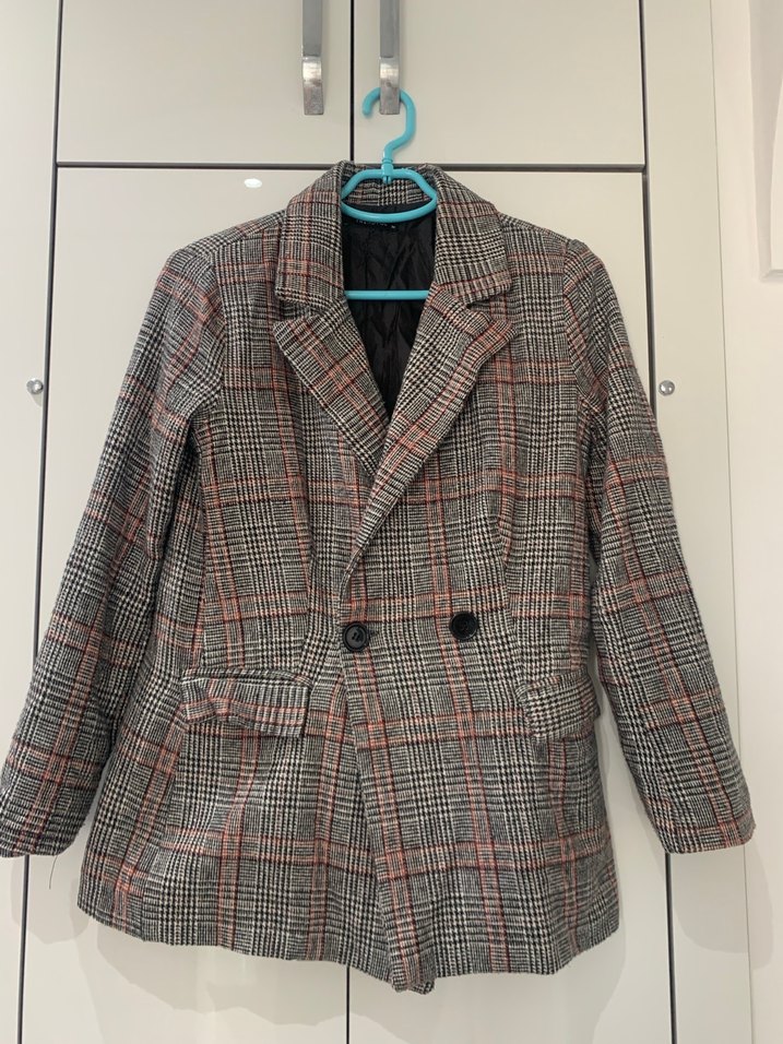 Düğmeli Ekose Desenli Gri Kadın Blazer Ceket - Görsel 3