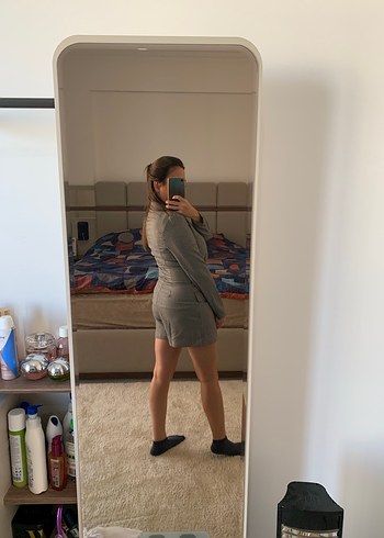 Kadın Gri Ekose Uzun Blazer Tulum - Görsel 4