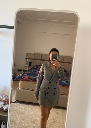 Kadın Gri Ekose Uzun Blazer Tulum - Görsel 3