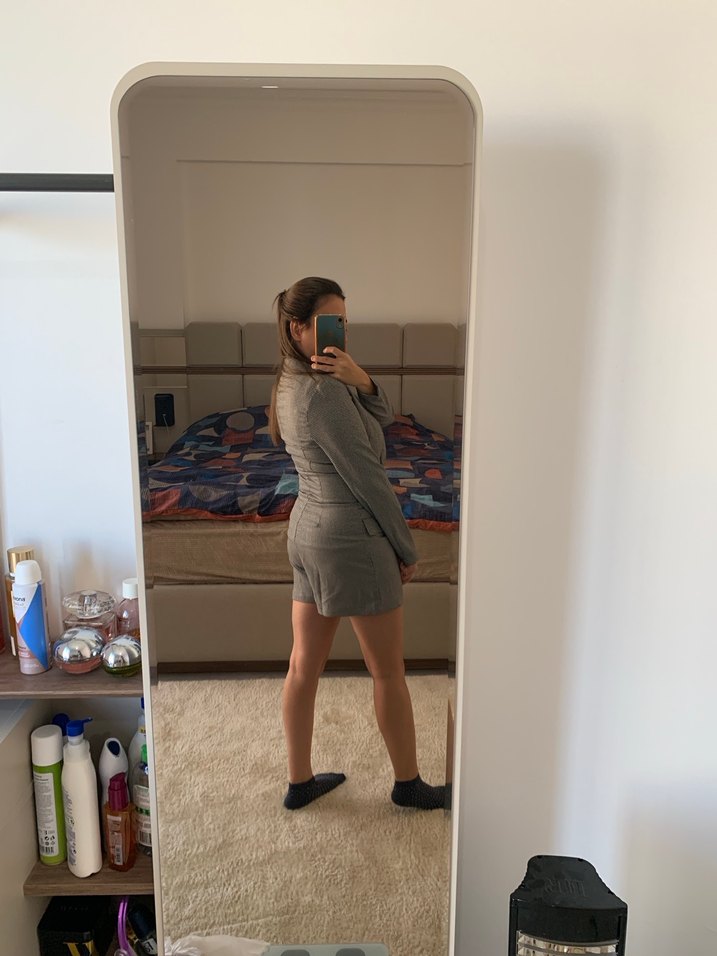 Kadın Gri Ekose Uzun Blazer Tulum - Görsel 4