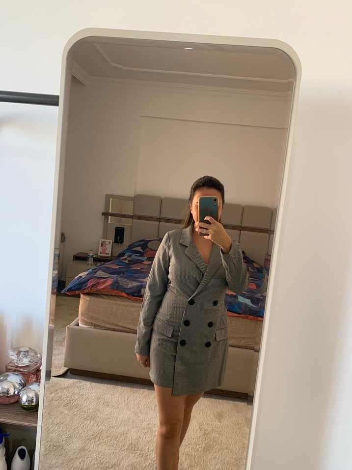 Kadın Gri Ekose Uzun Blazer Tulum - Görsel 3