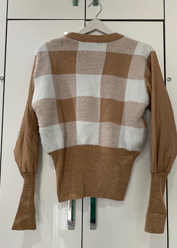 Deri Kollu Ekose Desenli Kadın Triko - Görsel 2