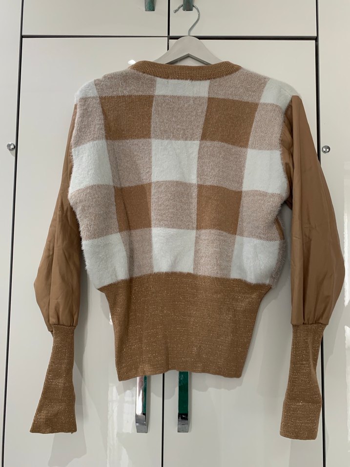 Deri Kollu Ekose Desenli Kadın Triko - Görsel 2