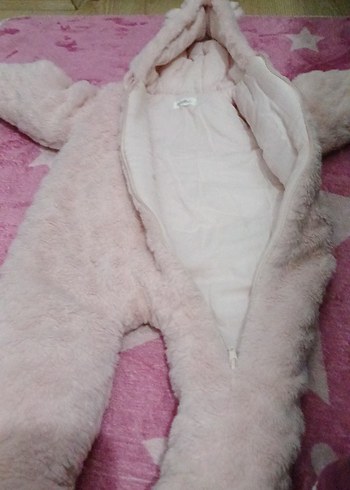 Peluş Kapüşonlu Bebek Kışlık Tulumu Pembe - Görsel 3