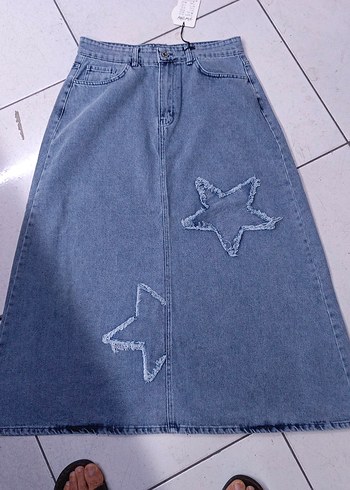 Diğer Düğmeli Nakışlı mavi Midi Kot Etek