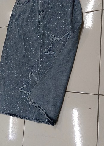 Payetli Nakışlı Uzun Denim Etek - Görsel 3