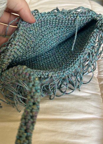 Püsküllü Turkuaz Örgü Kadın Çanta - Görsel 2