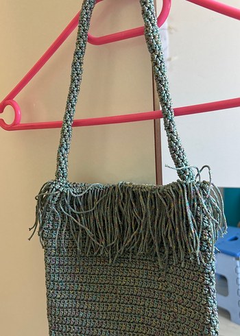 Püsküllü Turkuaz Örgü Kadın Çanta - Görsel 3