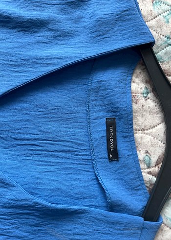 Mavi Keten V Yakalı Midi Elbise - Görsel 2