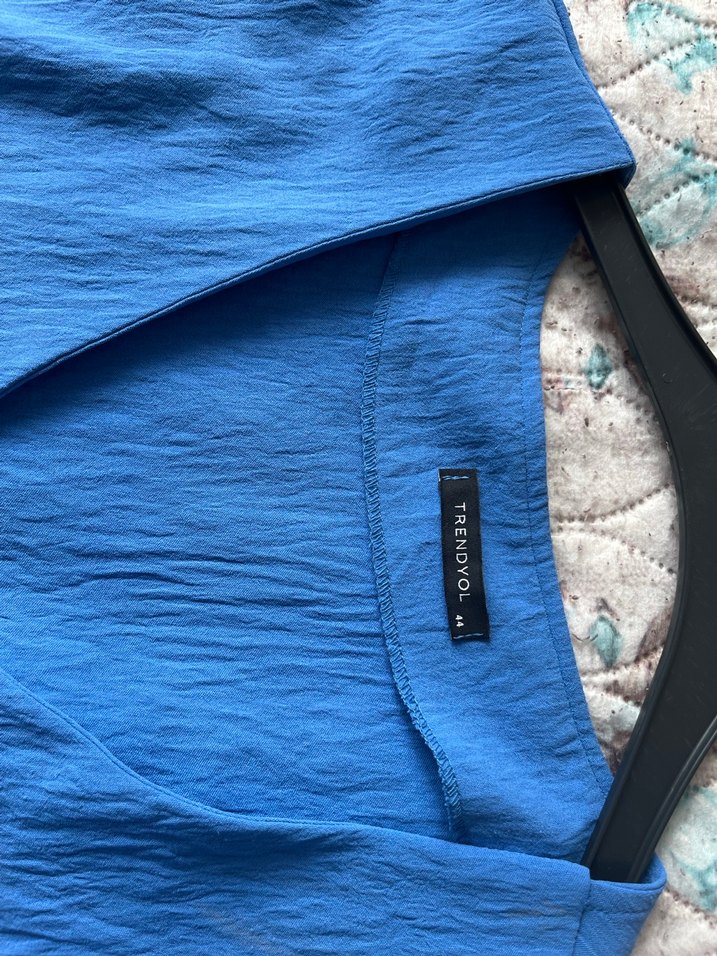 Mavi Keten V Yakalı Midi Elbise - Görsel 2