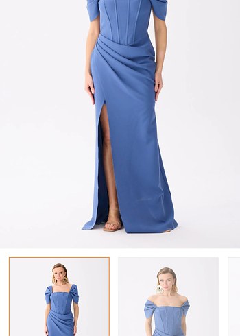 Mavi İşlemeli Uzun Kadın Abiye Elbise - Görsel 3