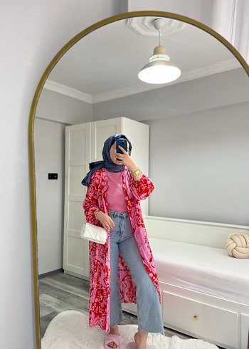 Pembe kemerli  çiçek desenli  Uzun Salaş Elbise - Görsel 2