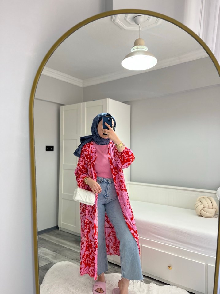 Pembe kemerli  çiçek desenli  Uzun Salaş Elbise - Görsel 2