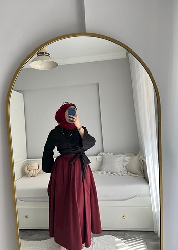 Bordo Kuşaklı Kadın Uzun Etek - Görsel 2