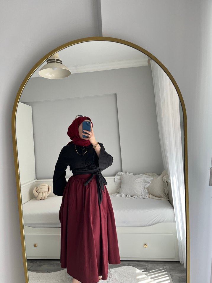 Bordo Kuşaklı Kadın Uzun Etek - Görsel 2