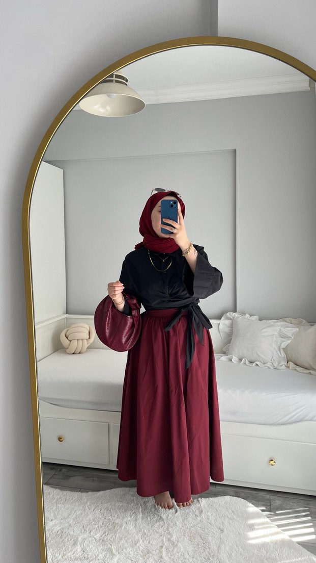 Bordo Kuşaklı Kadın Uzun Etek - Görsel 3