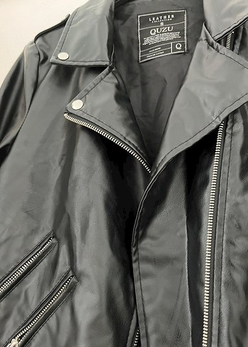 Kadın Siyah Deri Biker Ceket - Görsel 3