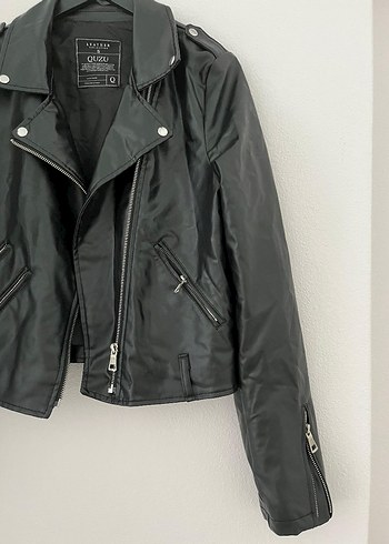 Kadın Siyah Deri Biker Ceket - Görsel 5