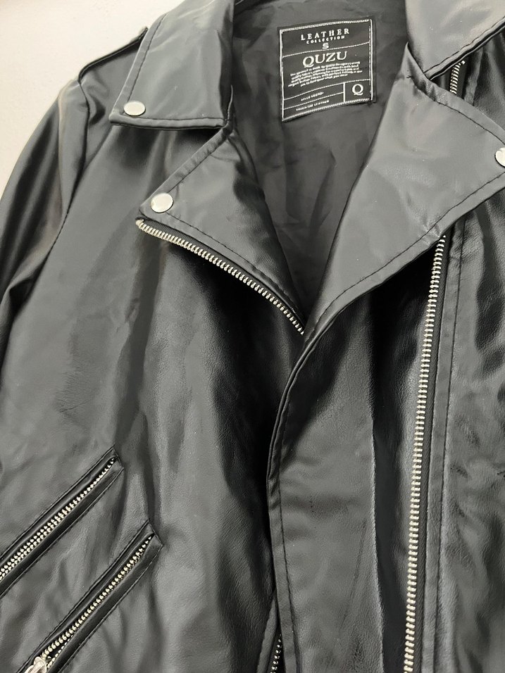 Kadın Siyah Deri Biker Ceket - Görsel 3