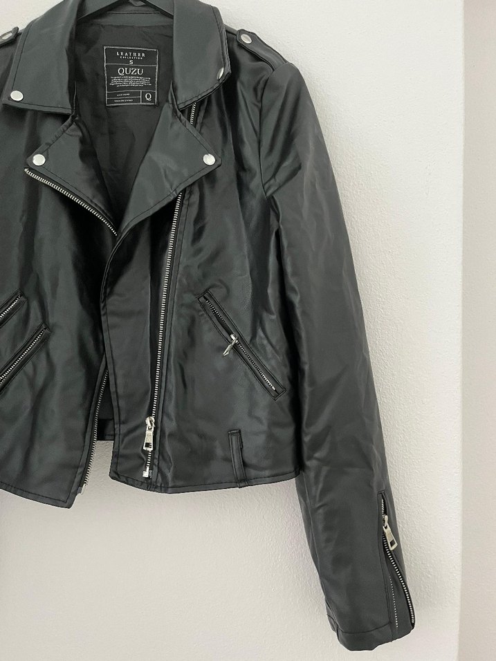 Kadın Siyah Deri Biker Ceket - Görsel 5