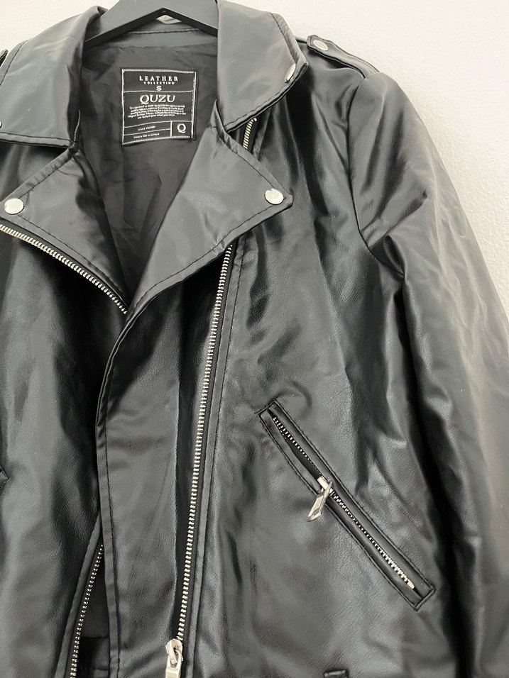 Kadın Siyah Deri Biker Ceket - Görsel 4