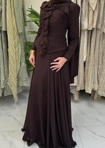 Kahverengi Drapeli Uzun Abiye Elbise - Görsel 2