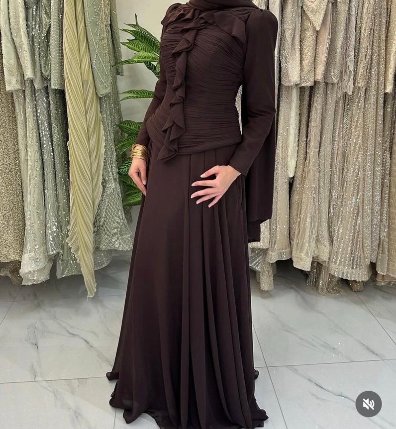 Kahverengi Drapeli Uzun Abiye Elbise - Görsel 2