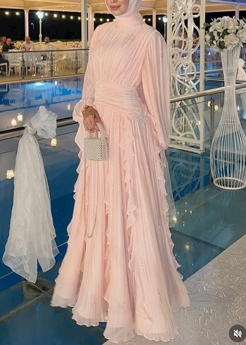 Pudra Pileli Uzun Abiye Elbise - Görsel 3