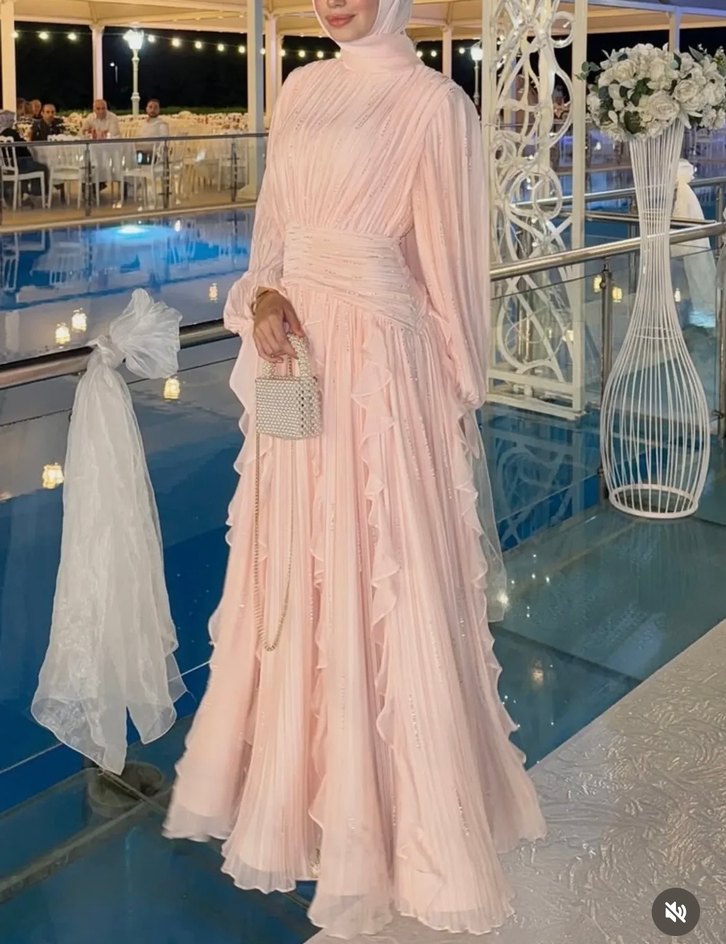 Pudra Pileli Uzun Abiye Elbise - Görsel 3