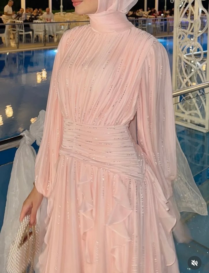 Pudra Pileli Uzun Abiye Elbise - Görsel 2