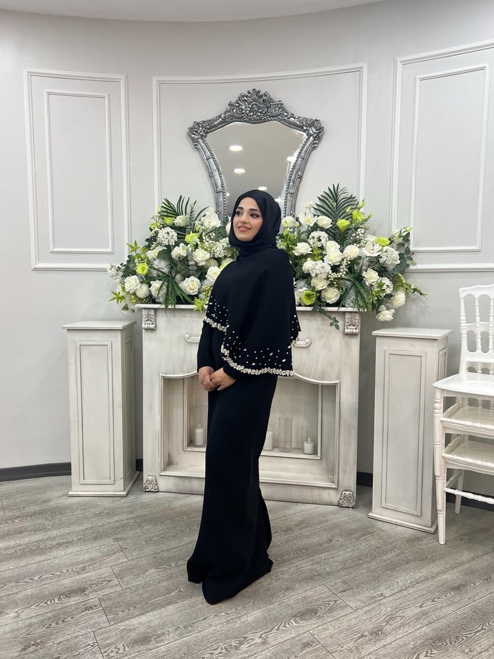 İnci Detaylı Siyah Kadın Şal - Görsel 3