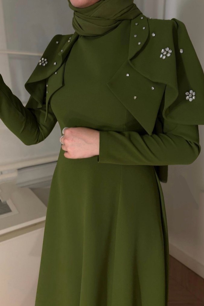 Nakışlı, Uzun Kollu, Straplez Kadın Abiye Elbise - Görsel 2