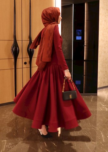 Bordo Uzun Kollu Modern Klasik Elbise - Görsel 4