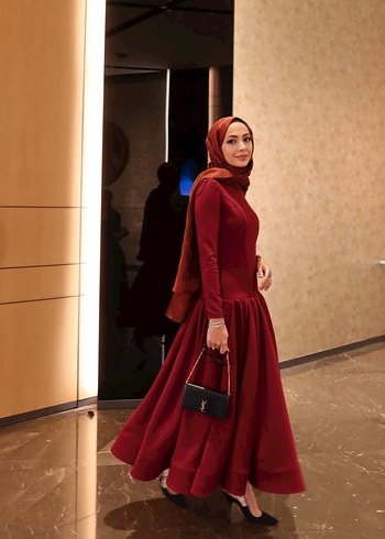 Bordo Uzun Kollu Modern Klasik Elbise - Görsel 5