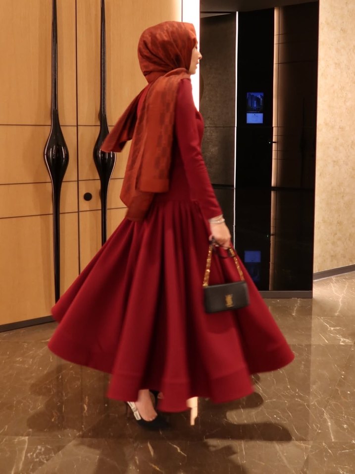 Bordo Uzun Kollu Modern Klasik Elbise - Görsel 4